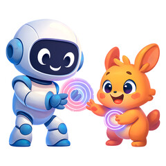 Fototapeta premium Friendly robot and cute animal interacting with glowing light rings illustration isolated on transparent background