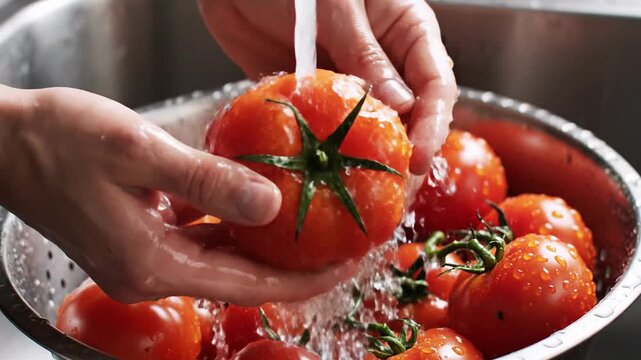 Washing fresh red tomatoes in a colander under running water in a kitchen sink