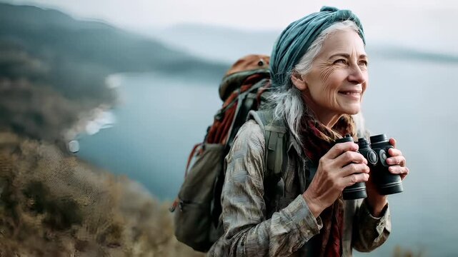 Explore adventure journey achievement outdoor in National Park. A woman with a backpack, captured in a side profile, looking through binoculars with a contemplative expression.
