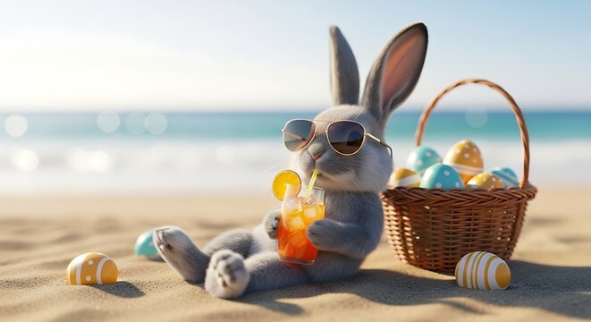 A gray rabbit wearing sunglasses relaxing on the beach with Easter eggs and a basket  enjoying a drink