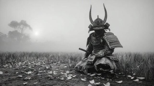 Solitary samurai kneeling in foggy landscape