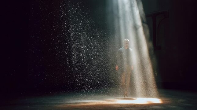 Dust particles floating in a beam of light inside a sacred space. No people visible, subtle presence implied through atmosphere, stillness, and soft illumination.
