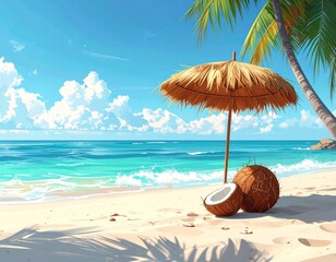 tropical beach with palm trees and sun