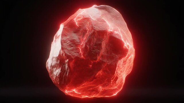 A glowing, rough, red gemstone floats against a dark background, highlighted with internal light