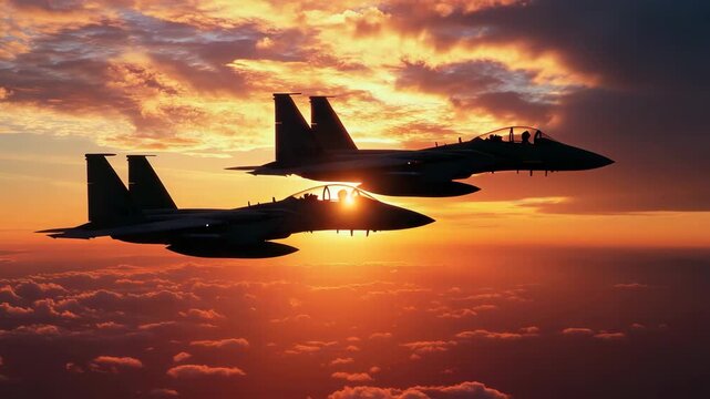 Fighter jets flying at sunset