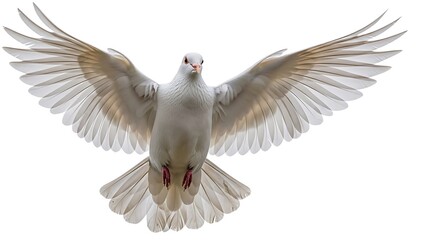 Fototapeta premium A white dove flying with wings spread wide, showcasing its feathers, from a front viewpoint
