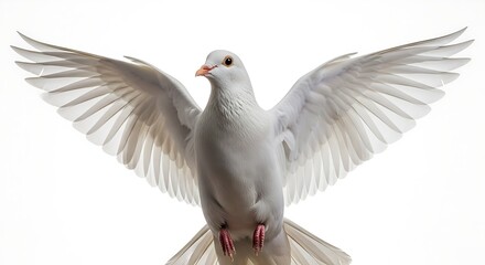 Obraz premium A white dove with wings spread wide, perched, viewed from the front
