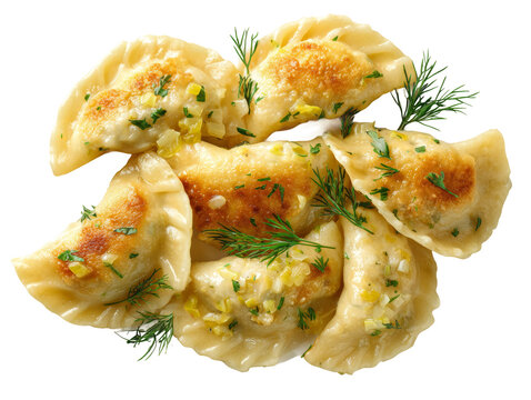 Delicious, golden pierogi, ready to be eaten. A close-up shot of freshly cooked pierogi sprinkled with herbs Isolated Transparent Background, PNG