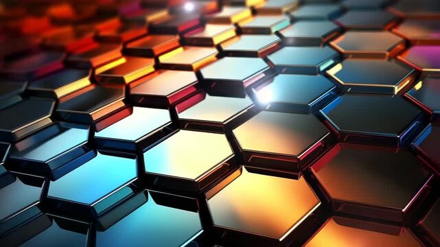 Shapes of hexagons appear in rows as colors change and light shines. Reflections create visual interest in a modern design setting at night.