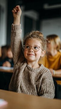 A young girl smiles brightly in a cozy classroom, eager to participate and learn as she raises her hand with enthusiasm among confident peers during a fun lesson.
