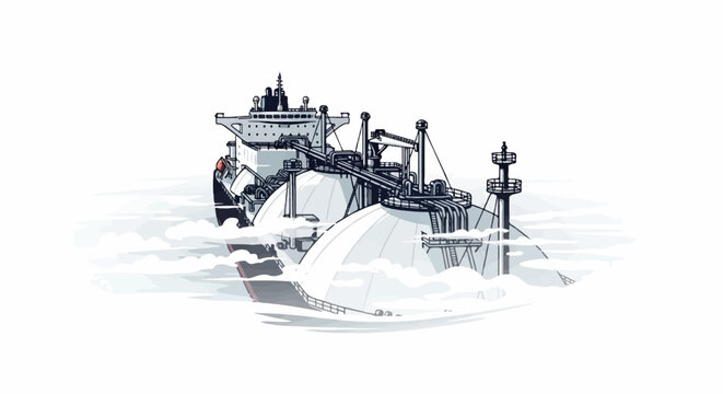Industrial scene with a large ship connected to spherical storage tanks and a tower