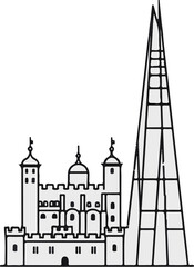 Obraz premium Historic fortress stands beside a modern glass spire, contrasting eras