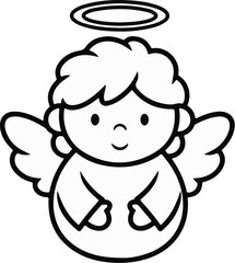Fototapeta premium A simple black and white outline drawing of a cheerful, chubby little angel with a halo and wings