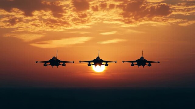 Fighter jets flying at sunset