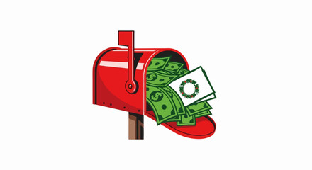 Red mailbox overflowing with cash and a festive greeting card