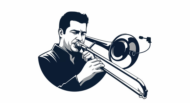 Stylized monochrome illustration of a musician playing a trombone with a microphone