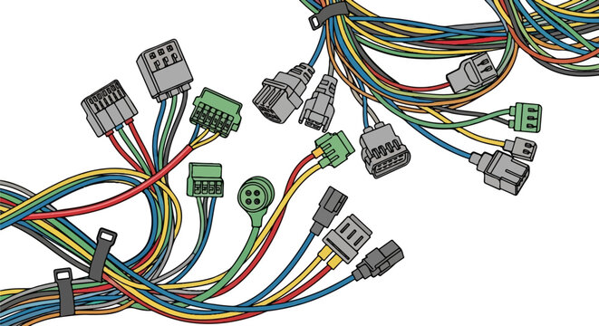 A complex electrical wiring harness with multiple connectors and multicolored wires