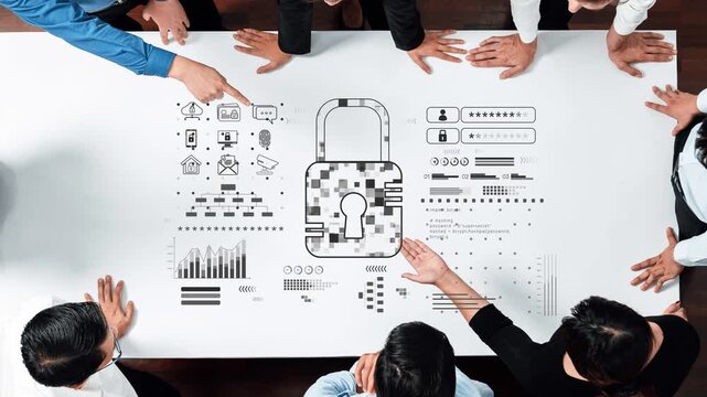 A diverse business team engages in a collaborative meeting focused on cybersecurity, analyzing data visuals, and strategizing solutions to enhance digital protection. Raster