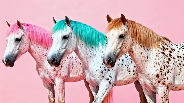 Three horses with colorful manes