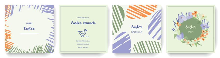 Happy Easter set of square banners, invitations, greeting cards, posters, holiday covers. Modern design with abstract and hand drawn botanical elements, chicken, eggs. Pastel vector illustration. © Marina