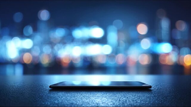 A sleek, modern black tablet rests on a textured surface with blurred city lights in background