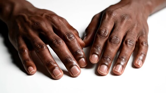 Close-up of hands of an african person on a white background, dark skin, nails visible