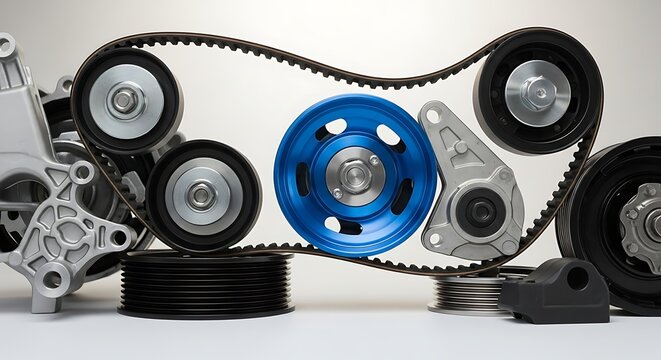 Car engine timing belt and pulleys automotive parts for vehicle maintenance and repair in an industrial setting with metallic components