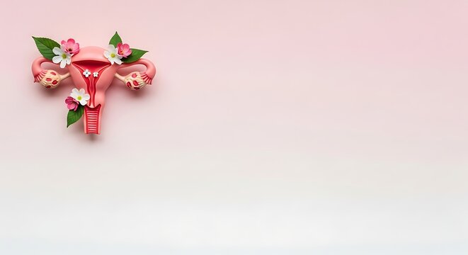 Female reproductive system with flowers and leaves on pink background  uterus and ovaries with green leaves and blossoms