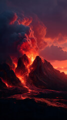 Volcano eruption, lava flows, cinematic view. Copy space. Realism. Stock photo. High detail.