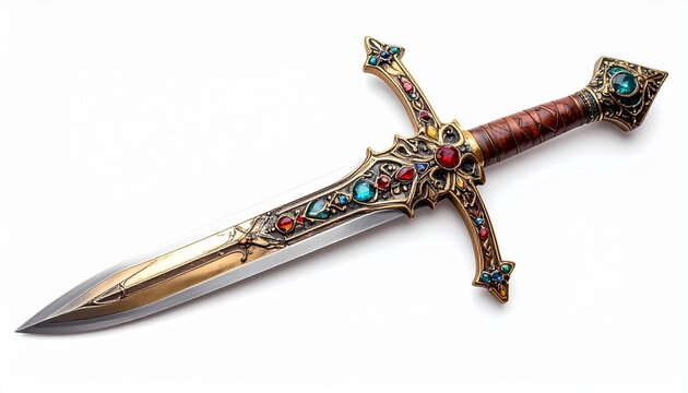 Ornate dagger with engraved silver blade jeweled hilt and leather grip symbolizing fantasy culture artistry and ceremonial design