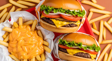 Juicy double cheeseburgers and cheesy fries on a red tray perfect for fast food or restaurant advertising