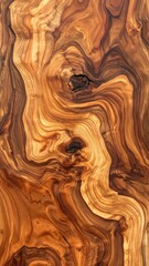 A detailed close-up view highlights the rich, swirling grain patterns and knots of polished dark and light brown wood.
