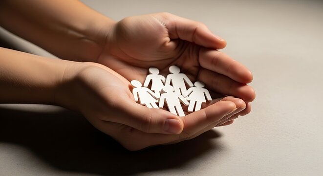 Hands holding paper cutout people on gray surface  symbolizing care and protection
