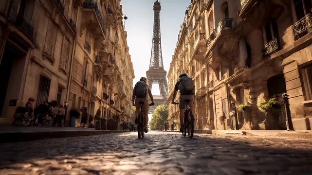 Cardio sports cycling biking exercise, healthy lifestyle. Two people riding bicycles down a cobblestone street in Paris, with the Eiffel Tower in the background.