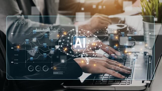 AI neural network and data processing system visualizing artificial intelligence with brain structure, chip, and connected data blocks for computation and learning Marrow