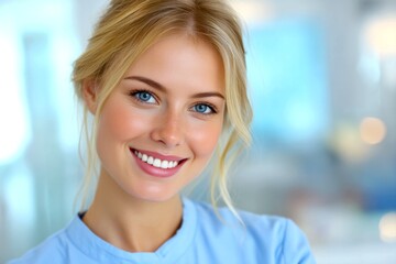 A happy young woman with blonde hair and blue eyes smiles brightly in a soft-focused background. This portrait captures natural beauty and confidence. Ideal for wellness and lifestyle themes. AI