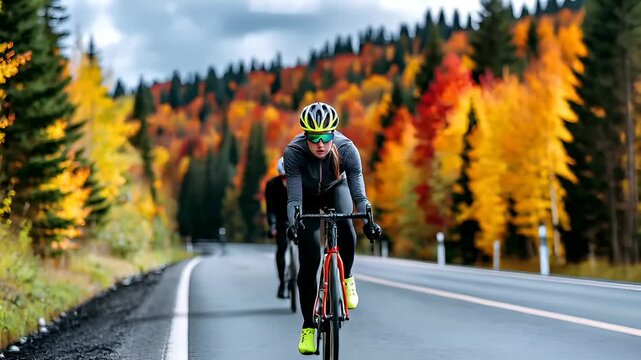 Cardio sports cycling biking exercise, healthy lifestyle. A woman wearing a helmet, goggles, gloves, and shoes riding a bicycle down a road surrounded by vibrant fall foliage.