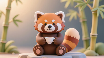Cute red panda drinking tea, 3D clay style character with bamboo background