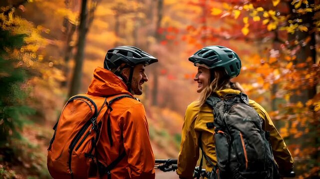 Cardio sports cycling biking exercise, healthy lifestyle. Two cyclists, a man and a woman, wearing helmets and orange jackets, standing side by side in a forest. The man holds a bicycle.