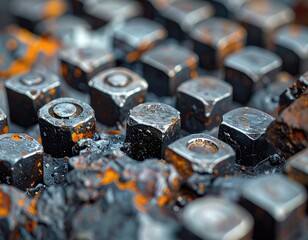 Close-up of Rusted Metal Hexagonal Components in a Textured Setting
