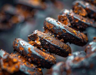 Extreme close-up texture of heavily rusted metal chain links with deep orange and dark patina.