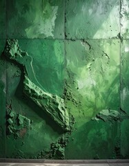 A highly textured, segmented green wall featuring shattered and crumbling material.