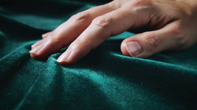 Hand sliding over luxury green velvet fabric close up
