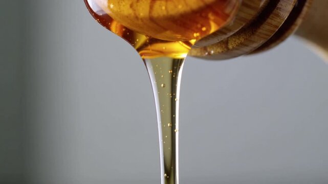 Liquid golden honey dripping from wooden spoon macro