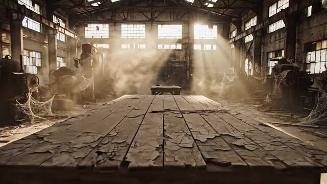 Abandoned industrial warehouse with sunbeams and airborne dust, cracked wooden floorboards and debris for urban decay themes, moody cinematic atmosphere for Halloween
