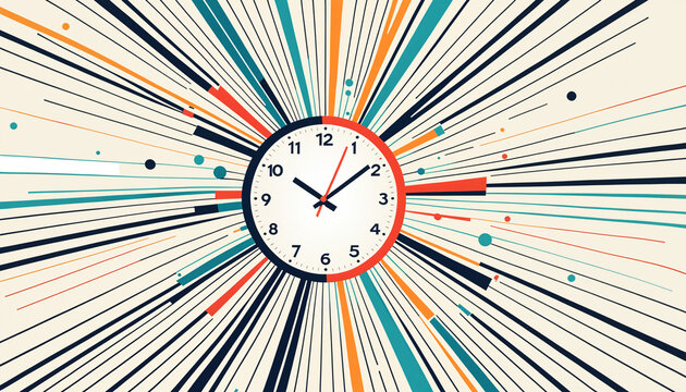 detailed clock face surrounded by thin exploding lines and points in navy orange and teal colors for a precise timing and countdown concept.