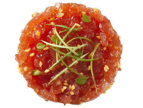 Close-up shot of a gourmet tuna tartar, artfully plated with a blend of textures and colors, promising a delightful culinary experience. Isolated Transparent Background, PNG