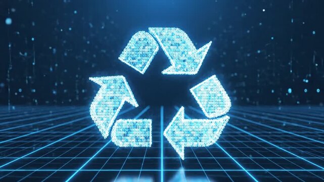 Digital Recycling Symbol Animation: Futuristic Concept of Environmental Protection and Technology