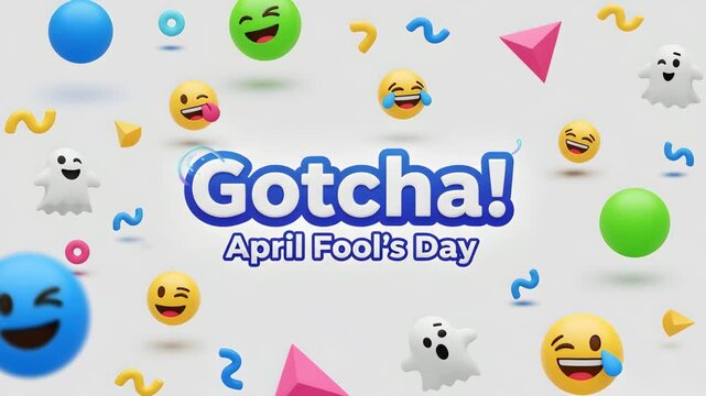 April Fools Day Gotcha Greeting Animation with Playful Emojis Ghosts and Geometric Shapes 4K Ai HD high quality video.