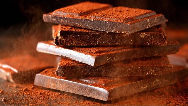 Stacked chocolate slabs dusted with cocoa powder, creating an enticing, flavorful presentation